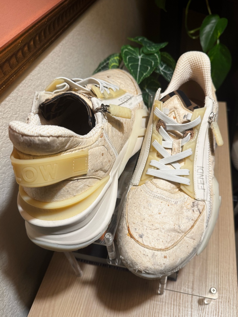 Fendi Roma Recycled Cork Sneakers Size 9 Zip Chunky Trainer Neutral